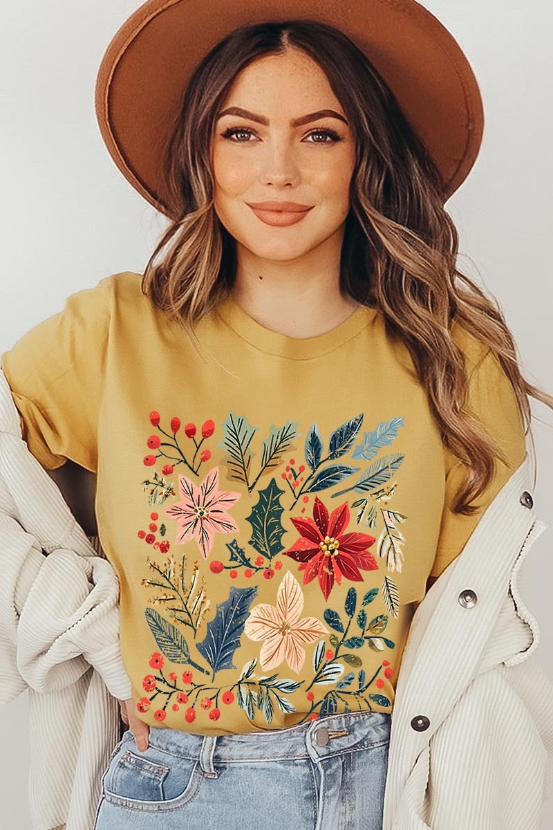 US3001P-E3186 Floral Christmas Graphic Plus Tee $16
