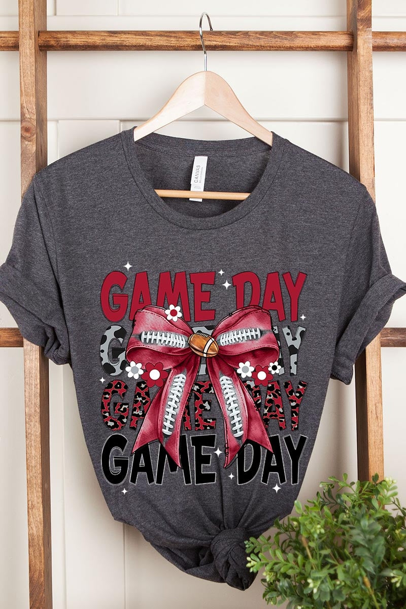 US3001-E3093 Red Silver Football Game Day Bow Graphic Tee $12.5