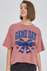 CTS-E3065 Blue Game Day Football Bow Graphic Crop Top $11