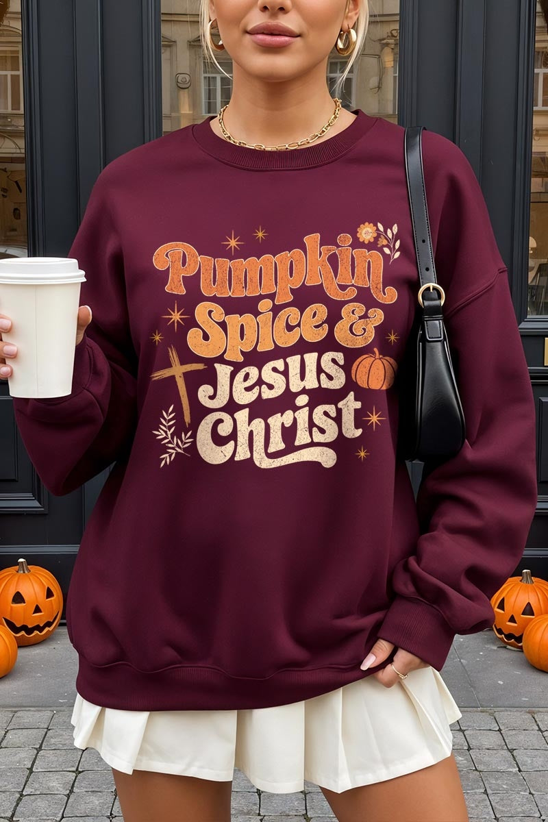 UL180P-E3164 Pumpkin Spice & Jesus Graphic Plus Sweatshirt $25