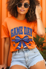 US3001-E3065 Blue Game Day Football Bow Graphic Tee $12.5