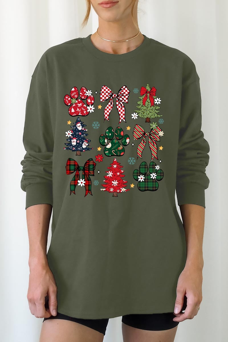UL240P-E3195 Christmas Bow Paw Graphic Plus Long Sleeve Tee $17
