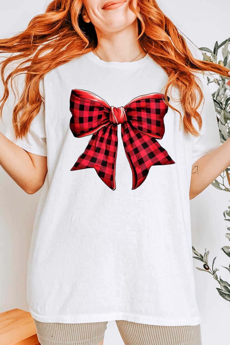 5000P-E3198 Red Buffalo Plaid Bow Graphic Plus Heavy Cotton Tee $12.75