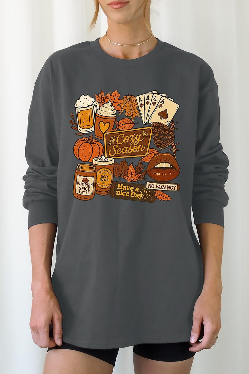 UL240-E3119 Retro Fall Collage Graphic Long Sleeve Tee $13.75