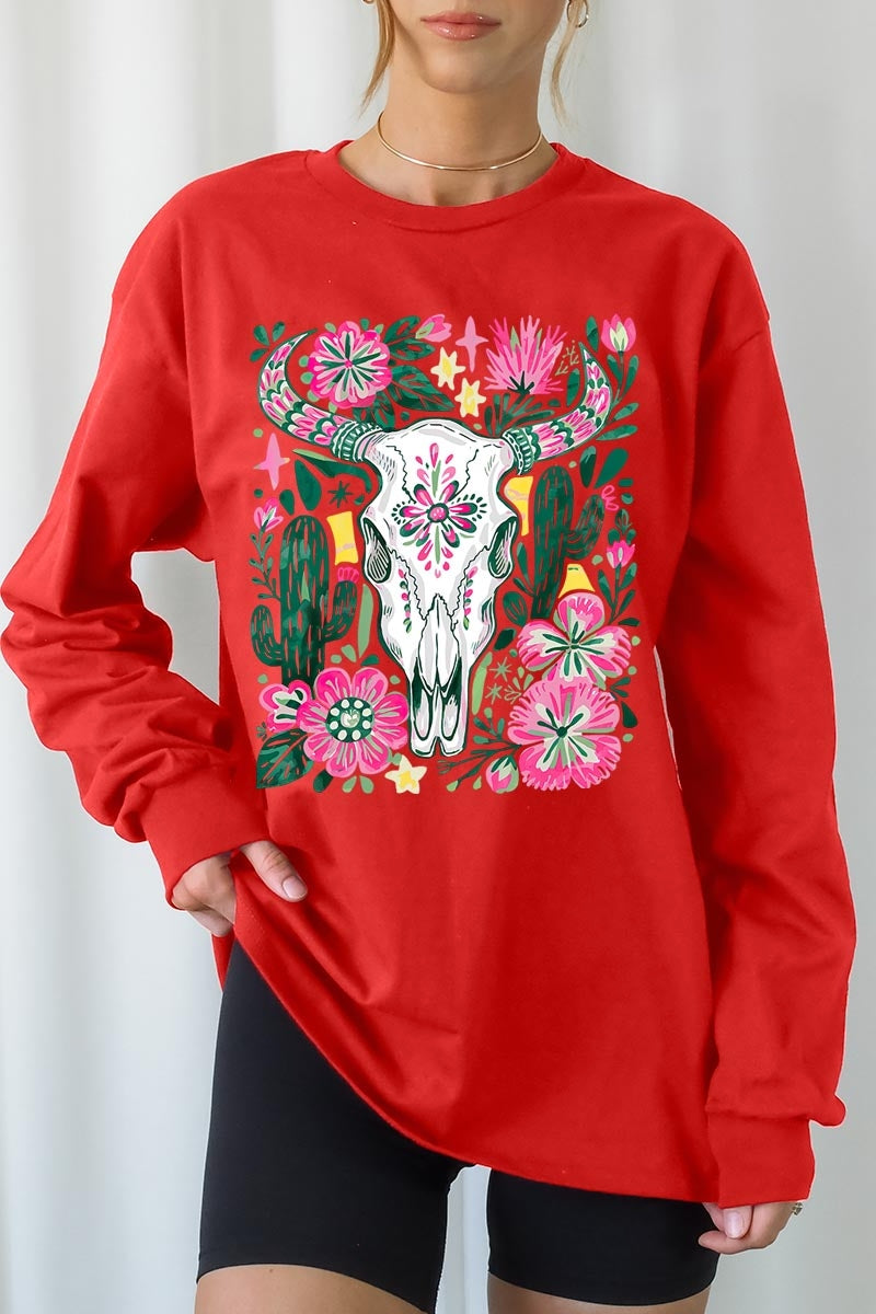 UL240-E3086 Western Floral Cow Skull Graphic Long Sleeve Tee $13.75