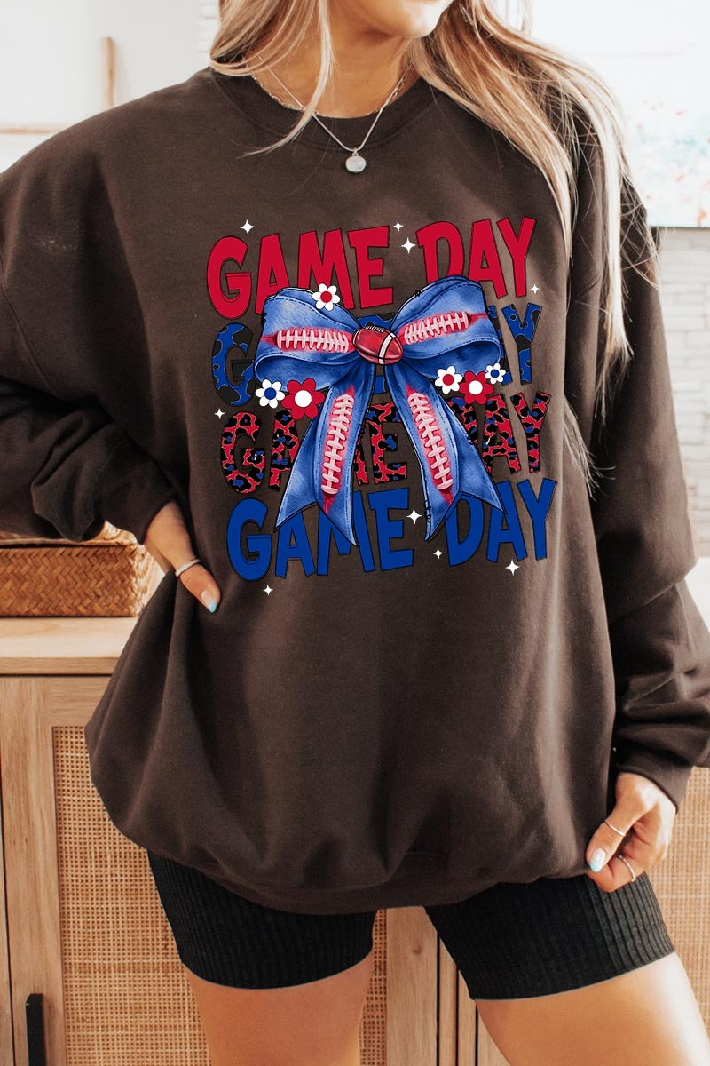 UL180-E3087 Red Blue Football Game Day Bow Graphic Sweatshirt $20