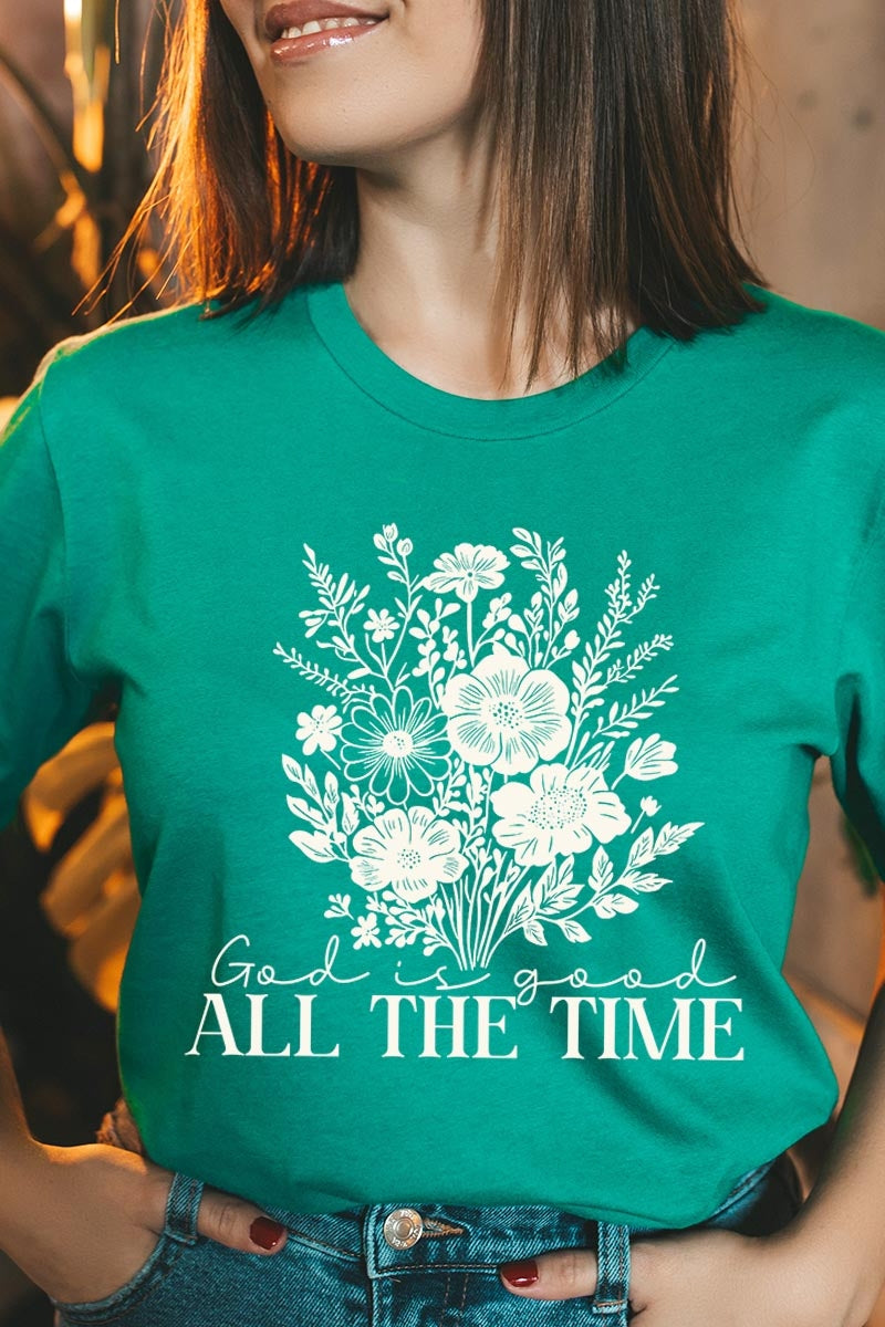 US3001P-E3116 God Is Good Floral Graphic Plus Tee $16