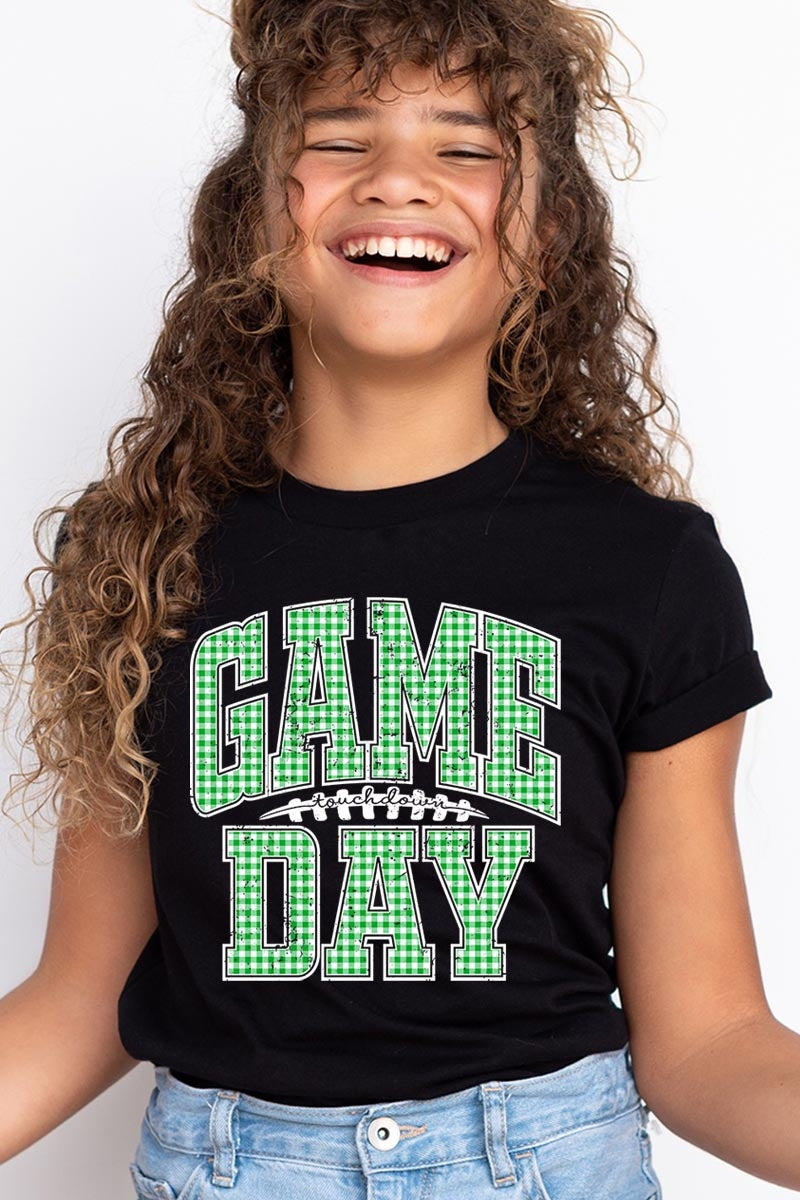 US3001Y-E3128Z Green Gingham Game Day Kids Graphic Tee $11