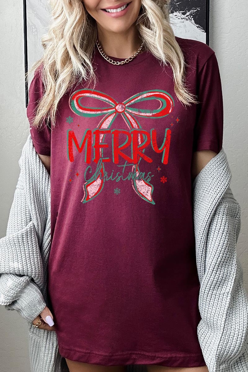 US3001P-E3197 Merry Christmas Bow Graphic Plus Tee $16