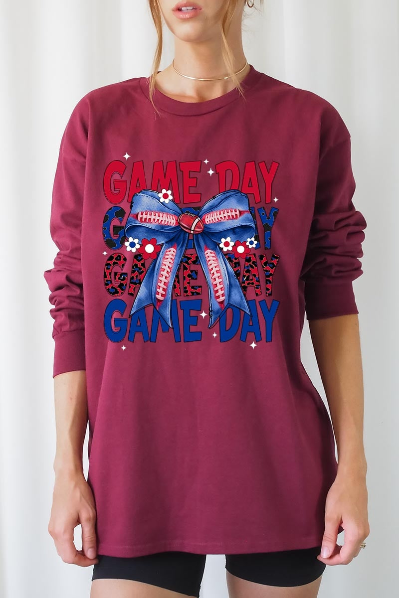 UL240-E3087 Red Blue Football Game Day Bow Long Sleeve Tee $13.75