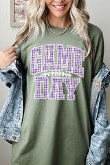 5000-E3127 Purple Gingham Game Day Graphic Heavy Cotton Tee $9