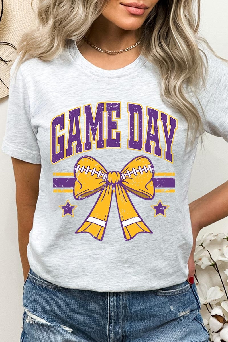 US3001P-E3063 Purple Game Day Football Bow Graphic Plus Tee $16