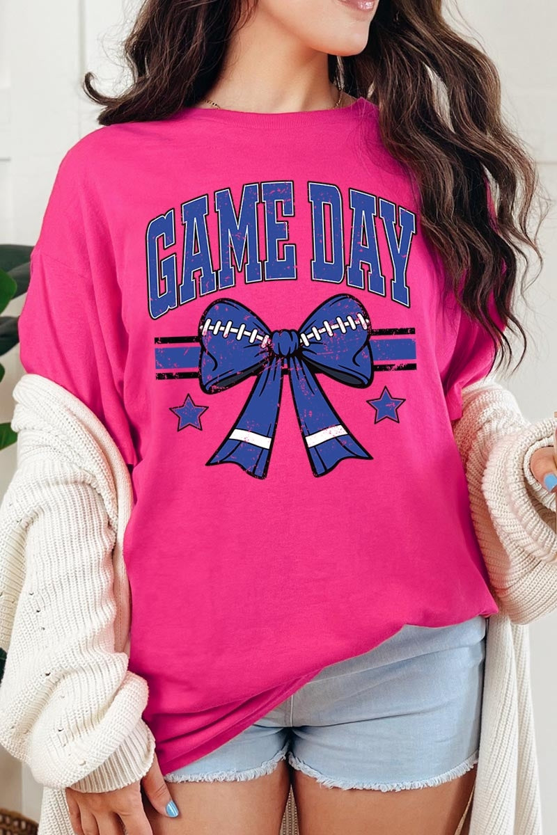 5000-E3065 Blue Football Bow Graphic Heavy Cotton Tee $9