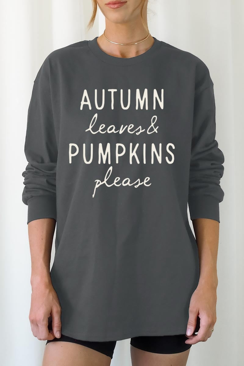 UL240-E3158 Autumn Leaves Pumpkins Graphic Long Sleeve Tee $13.75