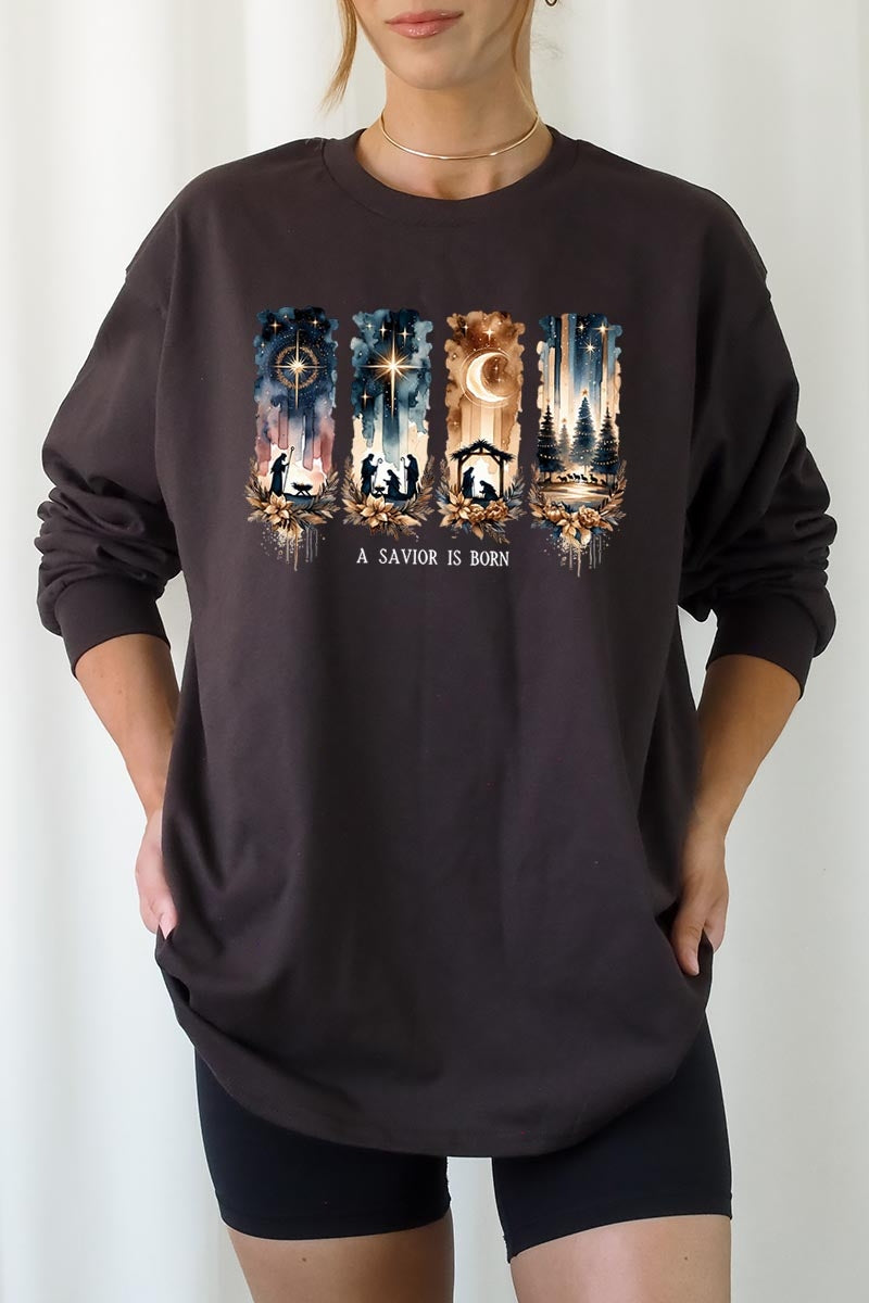 UL240P-E3204 Savior Is Born Nativity Graphic Plus Long Sleeve Tee $17