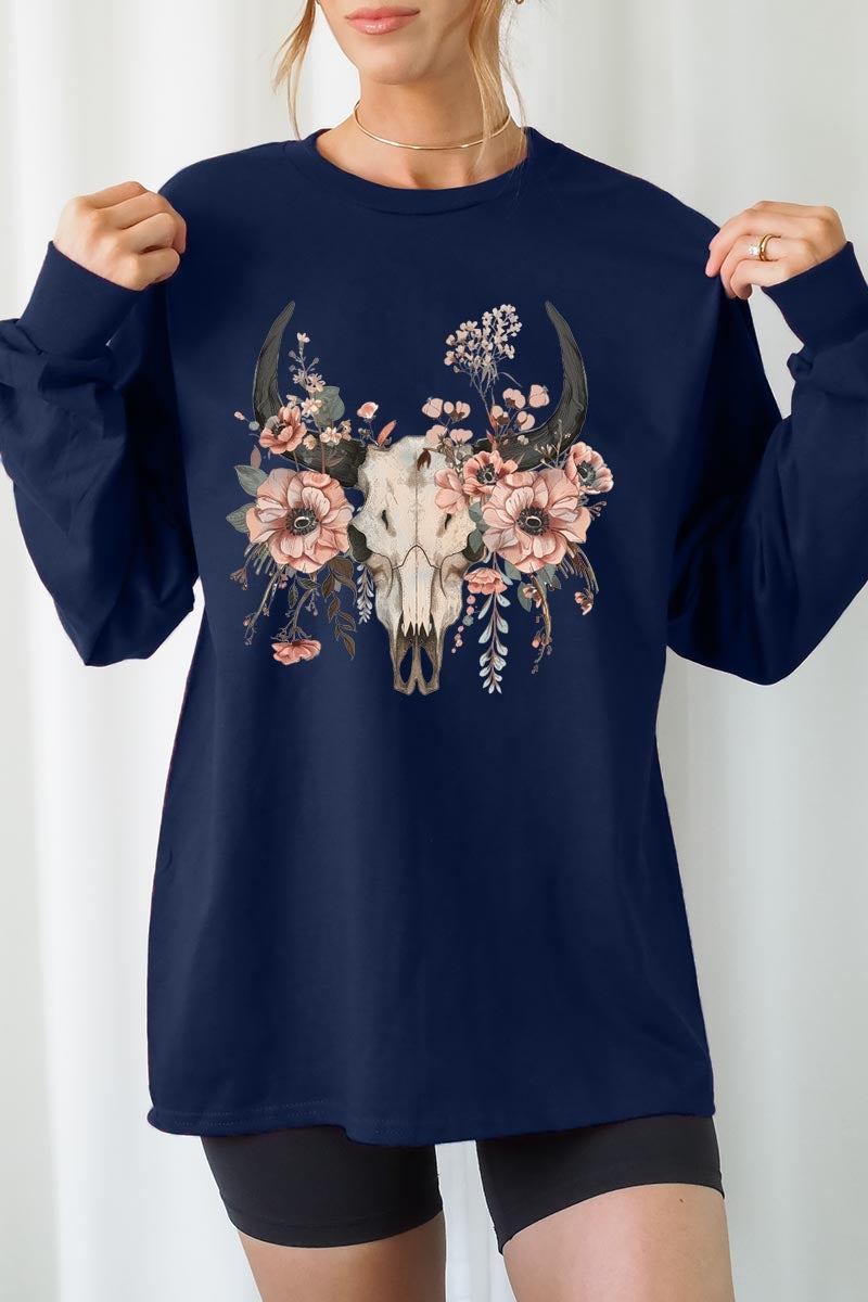 UL240P-E3113 Western Skull Floral Graphic Plus Long Sleeve Tee $17