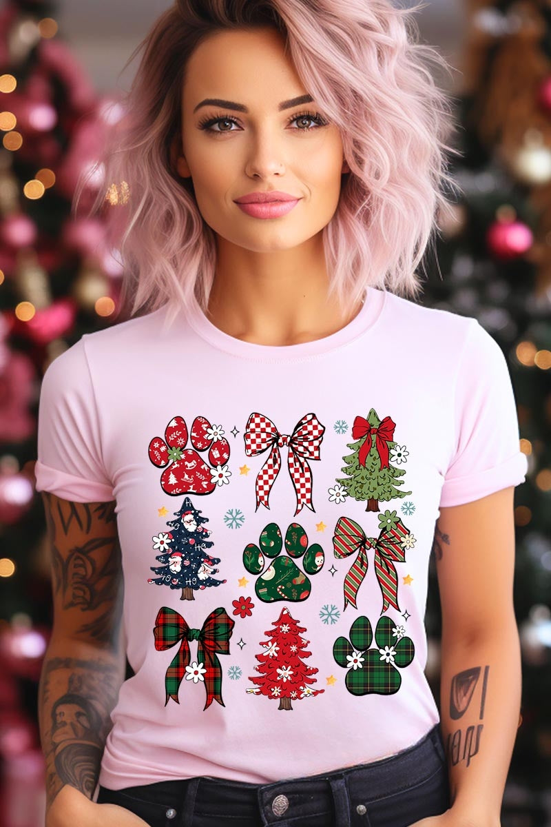 US3001P-E3195 Christmas Bow Paw Graphic Plus Tee $16