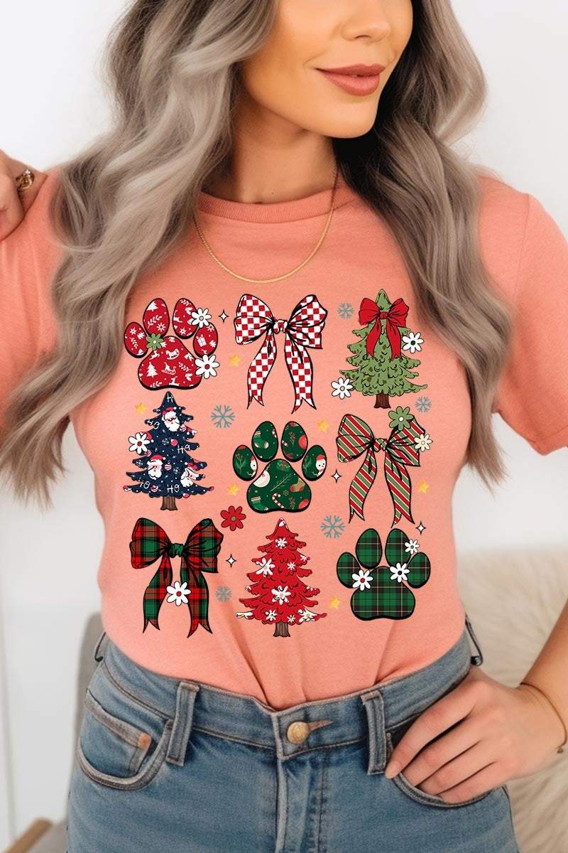 US3001-E3195 Christmas Bow Paw Graphic Tee $12.5