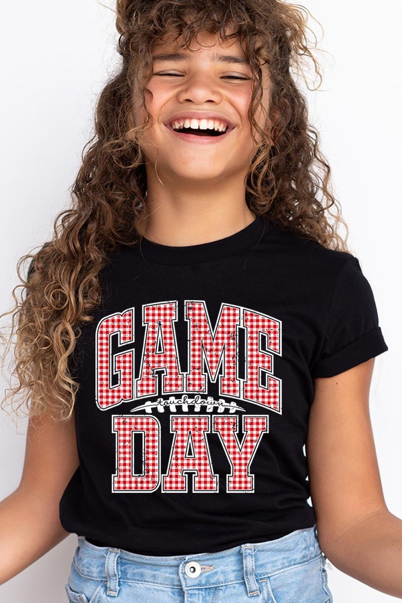 US3001Y-E3126Z Red Gingham Game Day Kids Graphic Tee $11