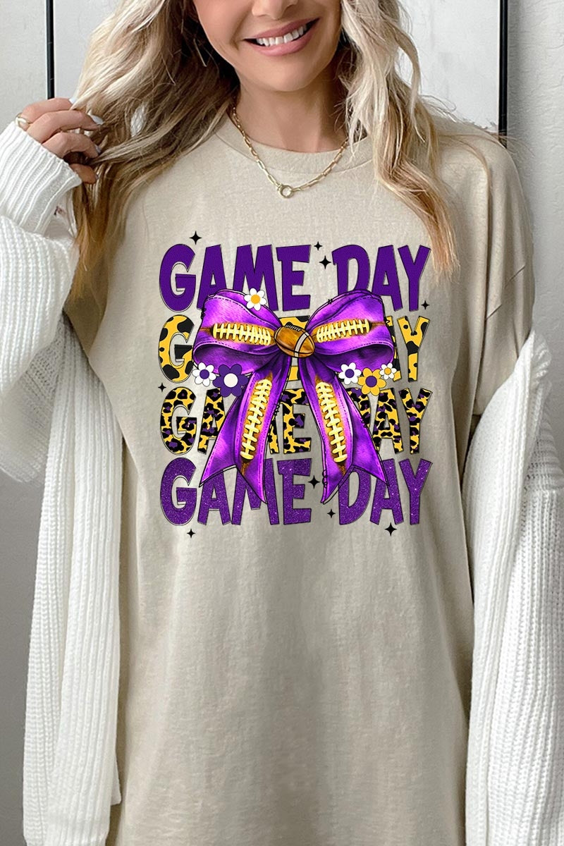 5000-E3092 Purple Football Game Day Bow Heavy Cotton Tee $9