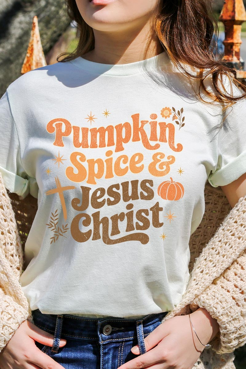 US3001P-E3164 Pumpkin Spice & Jesus Graphic Plus Tee $16