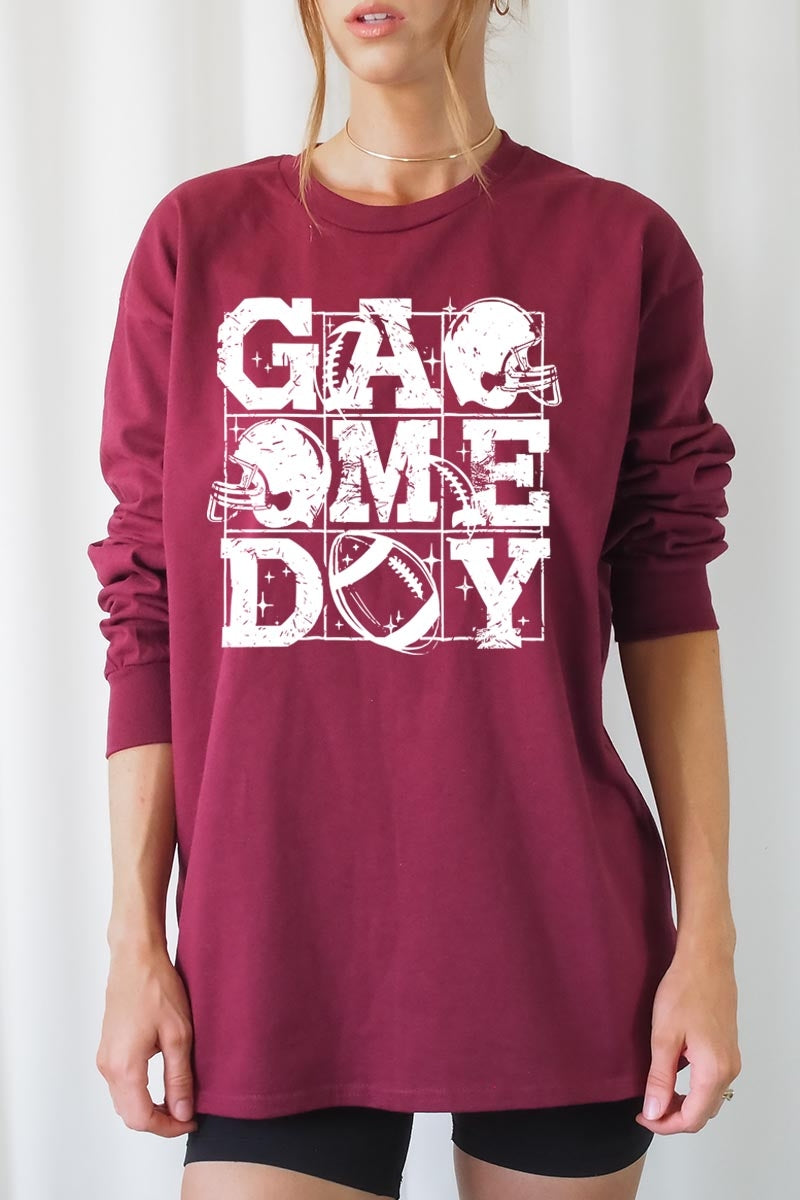 UL240P-E3073 Distressed Game Day Graphic Plus Long Sleeve Tee $17