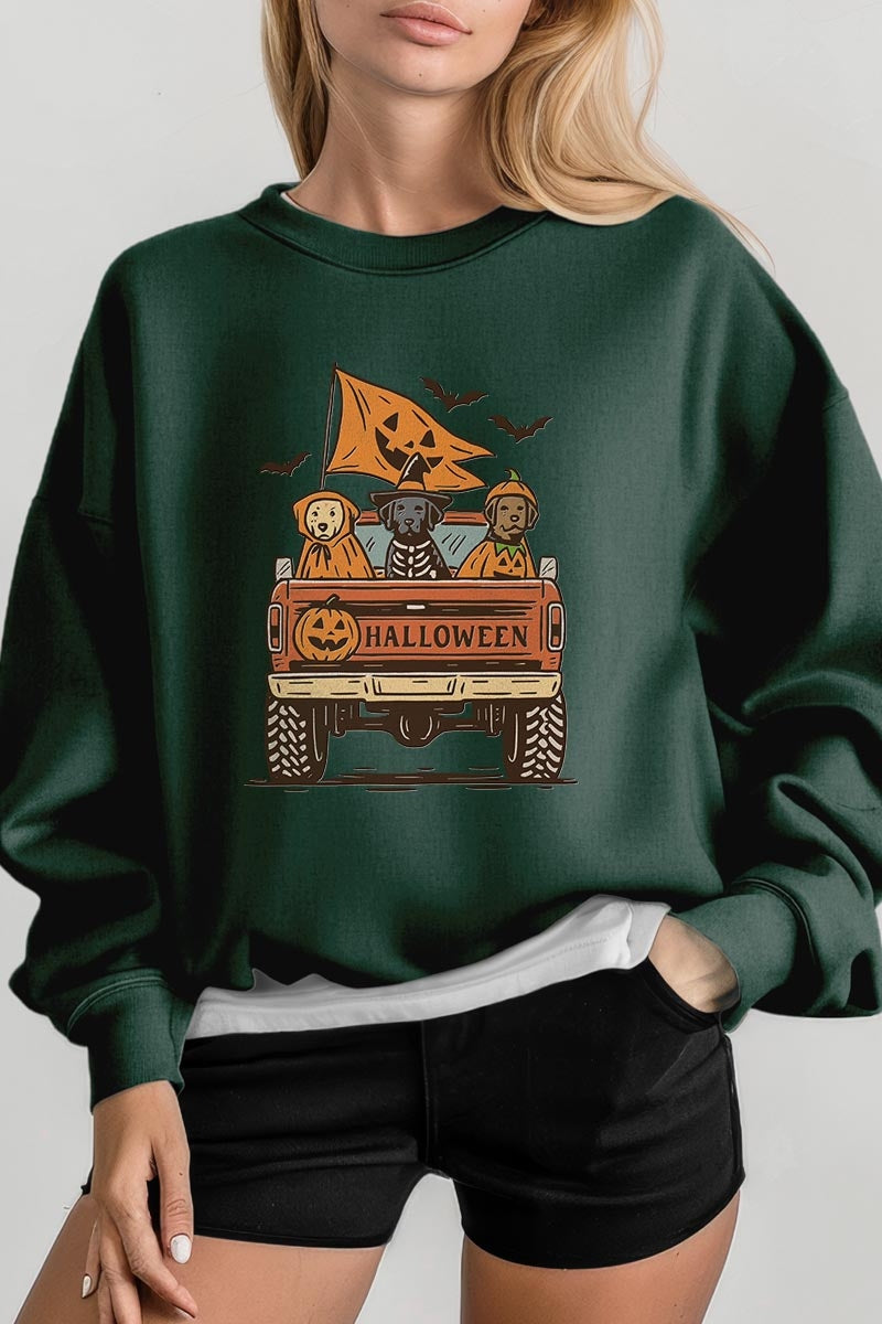 UL180P-E3150 Halloween Truck Dogs Graphic Plus Sweatshirt $25