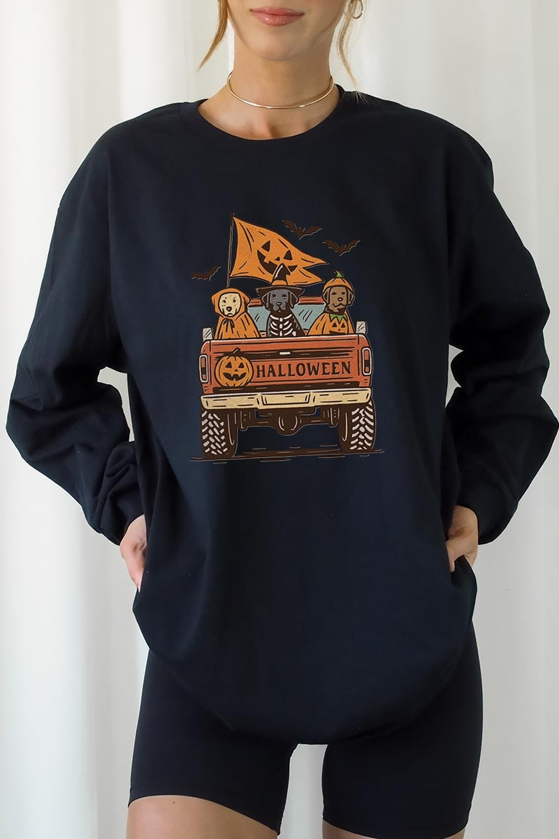 UL240-E3150 Halloween Truck Dogs Graphic Long Sleeve Tee $13.75