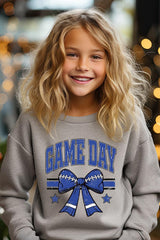 UL180B-E3065Z Blue Game Day Football Bow Kids Graphic Sweatshirt $20