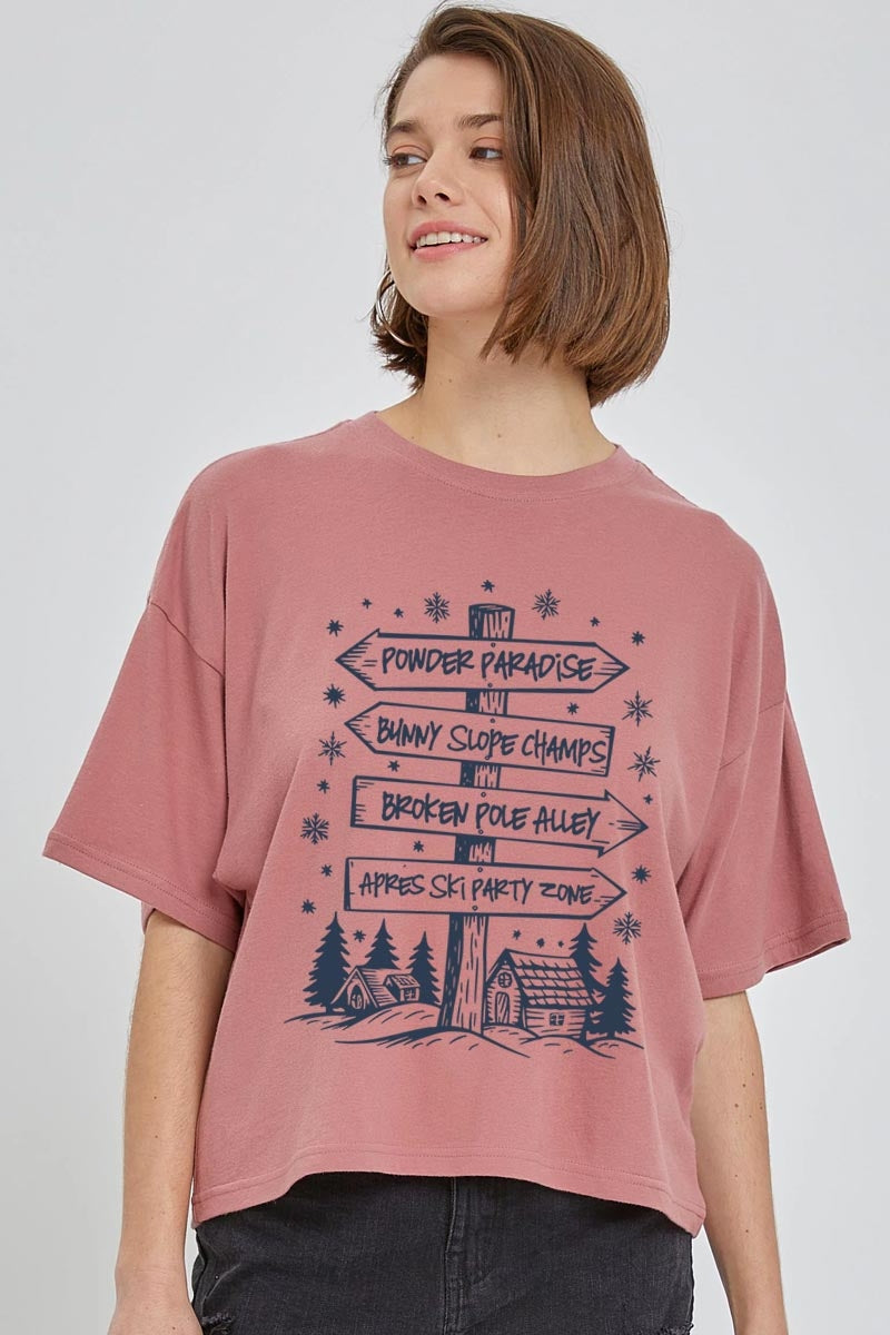 CTS-E3189 Ski Lodge Signs Graphic Relaxed Crop Top $11