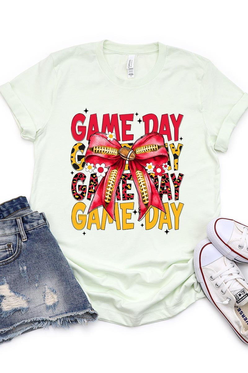 US3001P-E3091 Red Yellow Football Game Day Bow Graphic Plus Tee $16
