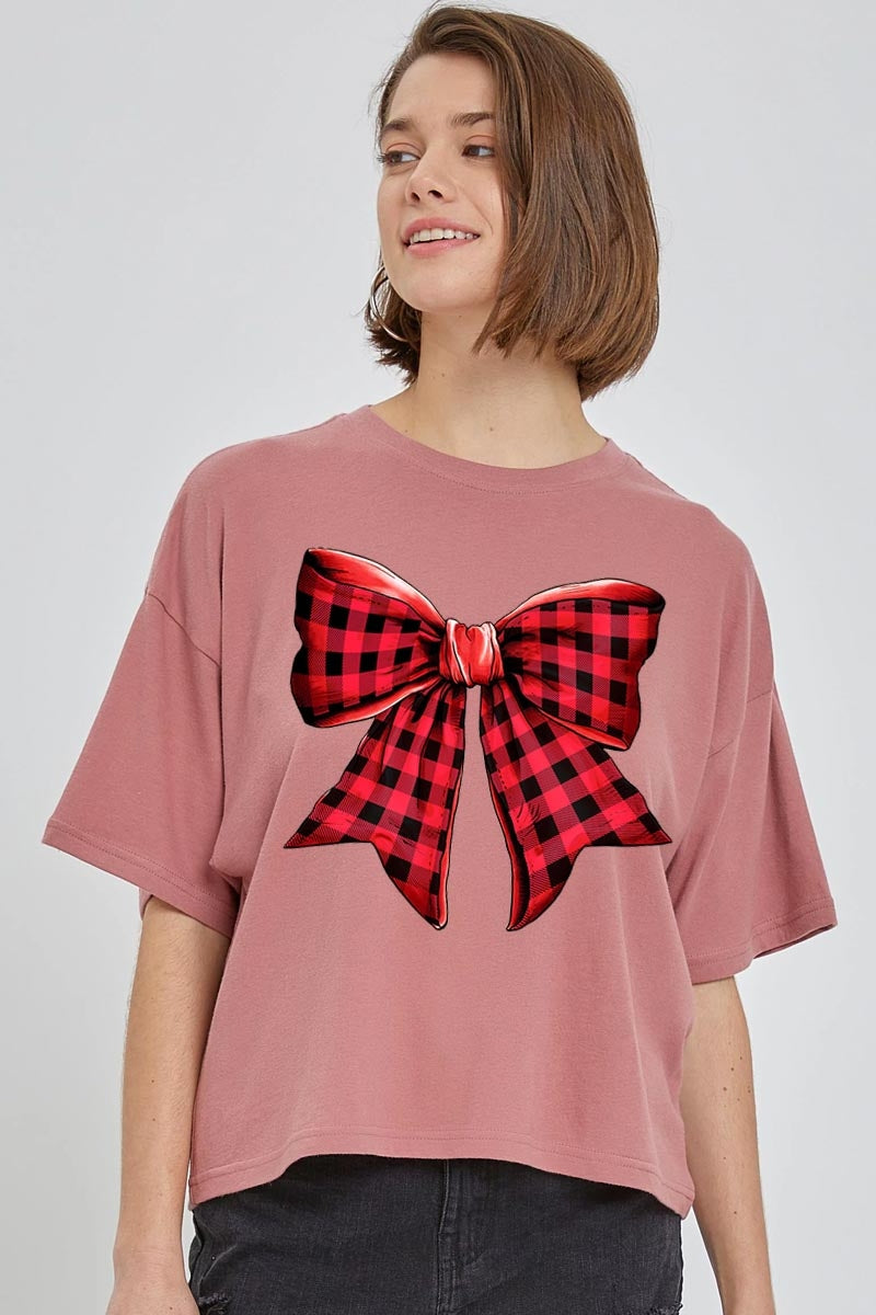 CTS-E3198 Red Buffalo Plaid Bow Graphic Relaxed Crop Top $11