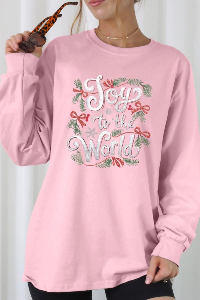 UL240P-E3221 Joy to the World Christmas Graphic Plus Long Sleeve Tee $17