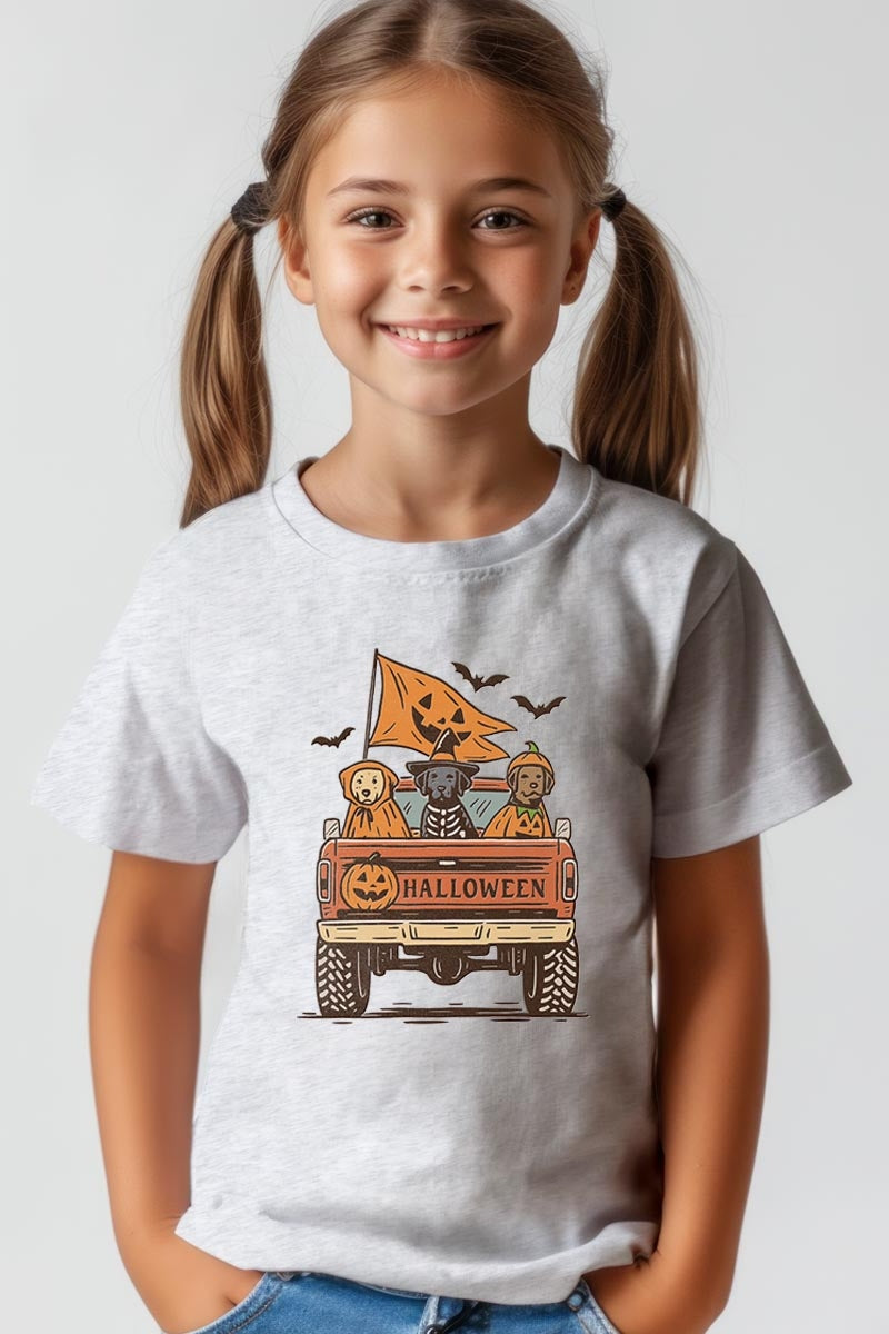 US3001Y-E3150Z Halloween Truck Dogs Kids Graphic Tee $11