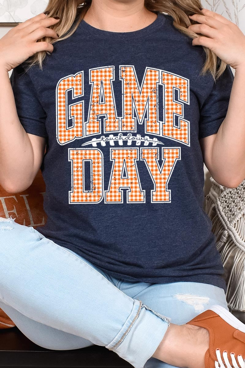 US3001-E3129 Orange Gingham Game Day Graphic Tee $12.5