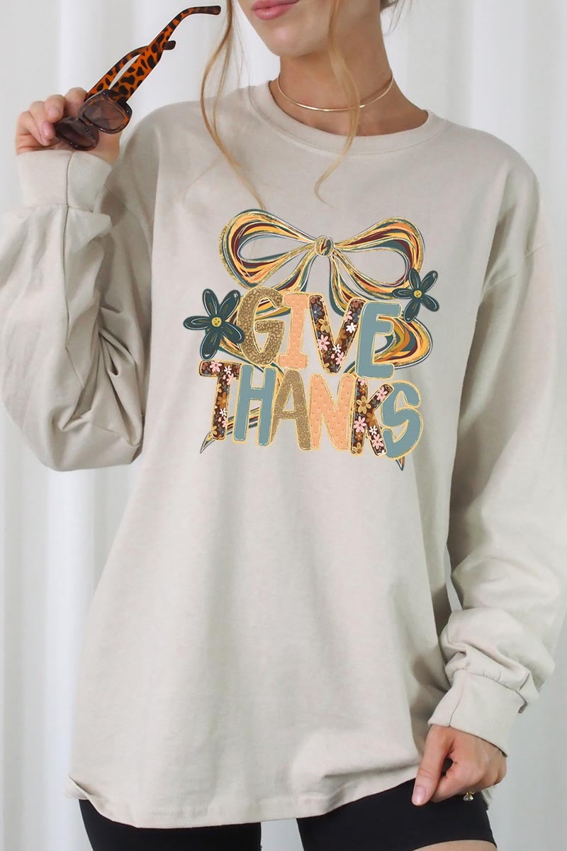 UL240-E3154 Give Thanks Bow Graphic Long Sleeve Tee $13.75