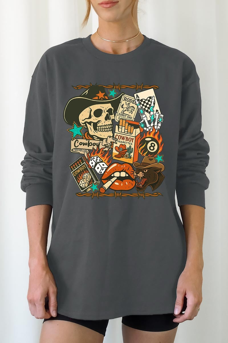 UL240-E3096 Vintage Western Collage Graphic Long Sleeve Tee $13.75