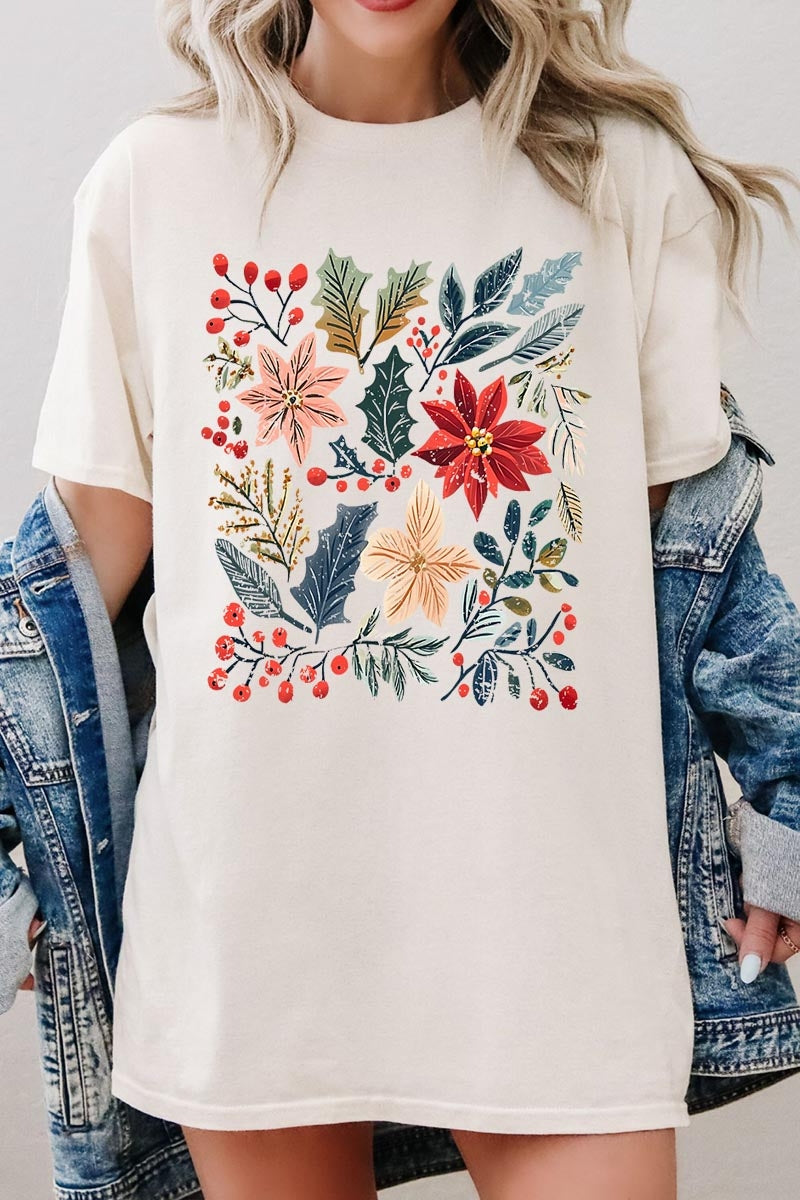5000P-E3186 Floral Christmas Graphic Plus Heavy Cotton Tee $12.75