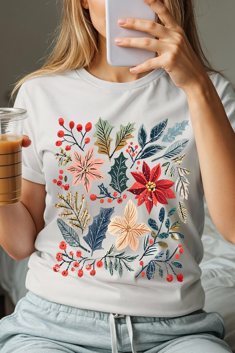 US3001-E3186 Floral Christmas Graphic Tee $12.5