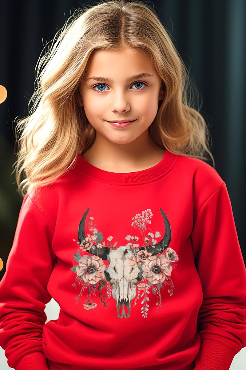 UL180B-E3113Z Western Skull Floral Kids Graphic Sweatshirt $20
