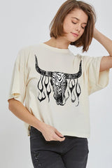 CTS-E3176 Western Bullskull Graphic Relaxed Crop Top $11