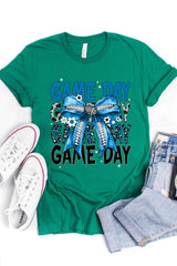 US3001-E3089 Blue Silver Football Game Day Bow Graphic Tee $12.5