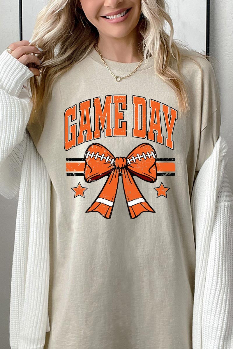 5000-E3064 Orange Football Bow Graphic Heavy Cotton Tee $9