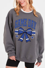 UL180P-E3065 Blue Game Day Football Bow Graphic Plus Sweatshirt $25