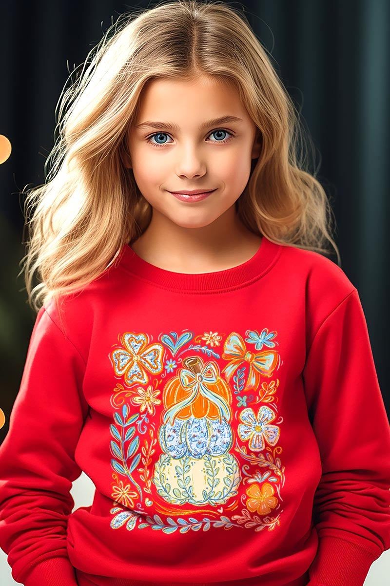 UL180B-E3153Z Floral Pumpkin Stack Kids Graphic Sweatshirt $20