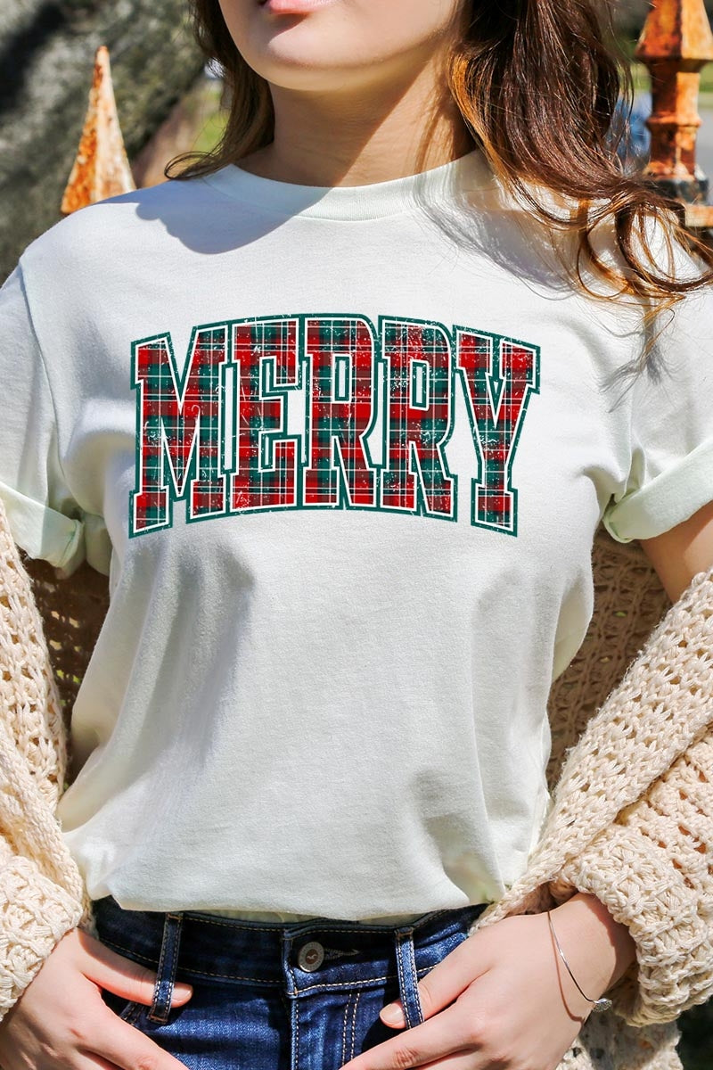US3001-E3210 Classic Plaid Merry Graphic Tee $12.5