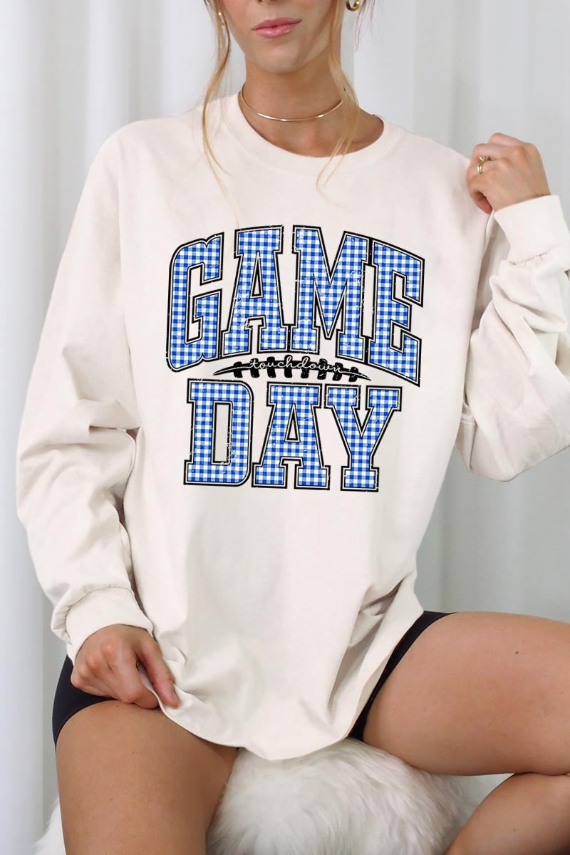 UL240-E3130 Blue Gingham Game Day Graphic Long Sleeve Tee $13.75