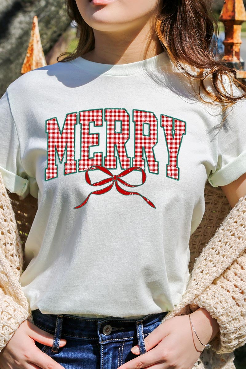 US3001-E3206 Plaid Merry Christmas Bow Graphic Tee $12.5
