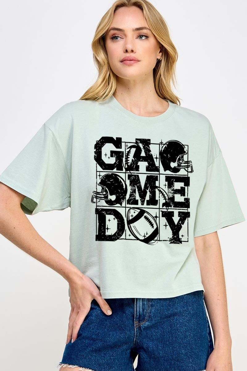 CTS-E3073 Distressed Game Day Graphic Relaxed Crop Top $11