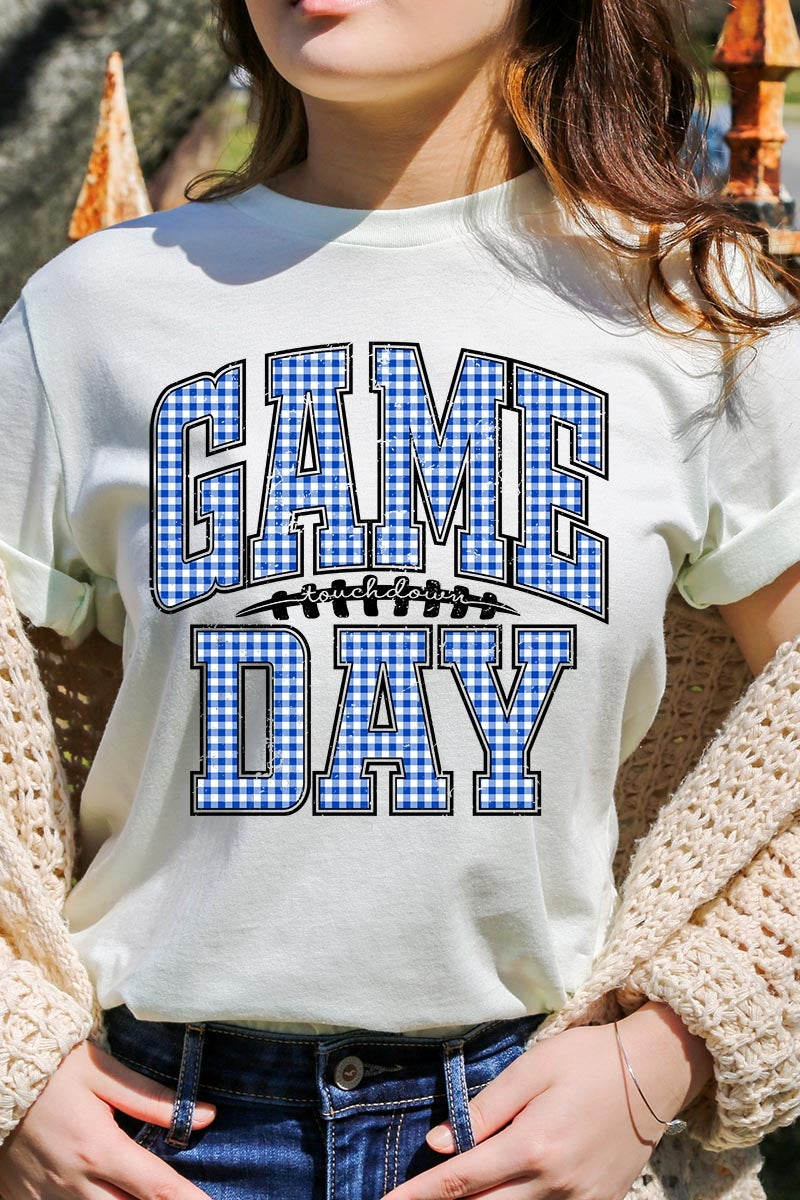 US3001P-E3130 Blue Gingham Game Day Graphic Plus Tee $16